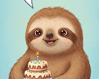 May include: A cute cartoon sloth holding a two-tiered birthday cake with a lit candle. The sloth is smiling and has big eyes. A speech bubble above the sloth says "WAIT... WAS YOUR BIRTHDAY YESTERDAY? OOPS!" with two red hearts.