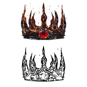 以下が含まれることがあります： 中央に赤い宝石が付いた黒い王冠。王冠は火でできているように見える素材で作られています。