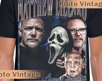 May include: Black t-shirt featuring a graphic of Matthew Lillard and a Scream mask. The design includes the text "MATTHEW LILLARD" in a vintage style font, and the name "Stuart Macher".