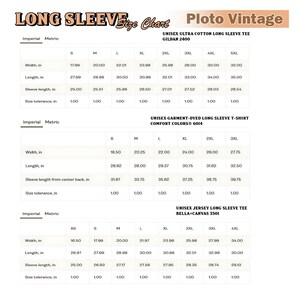 May include: A size chart for long sleeve tees, including Unisex Ultra Cotton, Unisex Garment-Dyed, and Unisex Jersey styles. Measurements are in inches for width, length, and sleeve length, with size tolerance information.