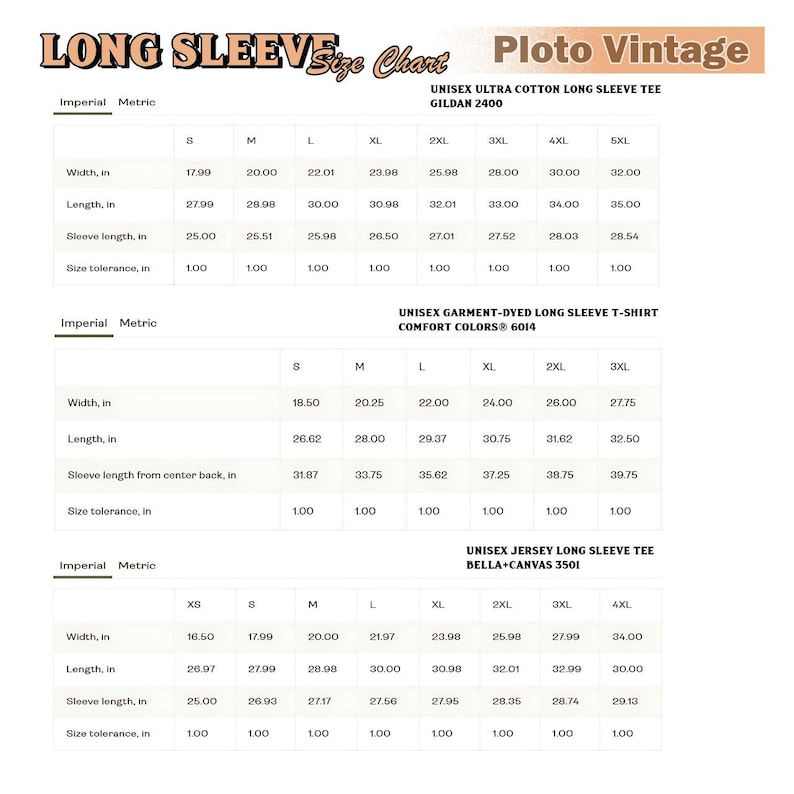 May include: A size chart for long sleeve tees, including Unisex Ultra Cotton, Unisex Garment-Dyed, and Unisex Jersey styles. Measurements are in inches for width, length, and sleeve length, with size tolerance information.