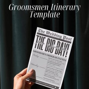 Puede incluir: Una plantilla de itinerario para padrinos con el titular "THE BIG DAY!" en un diseño de periódico. La plantilla incluye un programa de eventos para el viernes y el sábado, con el texto "Groomsmen Order of Events."
