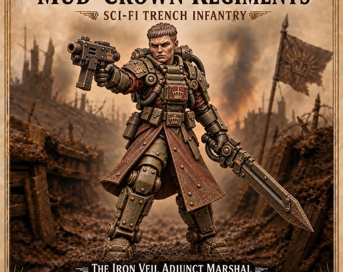 Iron Veil Adjunct Marshal – Female Sci-Fi Trench Officer Miniature | 32mm Scale Resin Character | Mud-Crown Regiments HGM Exclusive