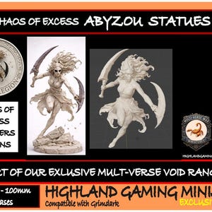 May include: Image showcasing white statues of a female warrior with curved blades, part of the "Chaos of Excess Abyzou Statues" collection. Includes logos for "Marble Legion" and "Highland Gaming Minis," with a 28mm scale indicator.