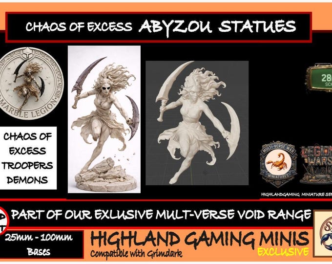 Chaos Of Excess Demon Abyzou Statues - Marble Legion - Exclusive HighlandGamingMinis Miniatures Range Tabletop Wargaming for Grimdark OPR