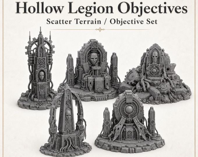 Hollow Legion Objectives - Highland Battlefield Works – 5 Piece Gothic Sci Fi Objective Marker Set – 28-32mm Tabletop Scatter Terrain