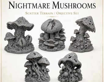 Nightmare Mushrooms - Highland Battlefield Works - 5 Piece Scatter Terrain Objective Marker Set 40mm 60mm 100mm Wargaming RPG Scenery