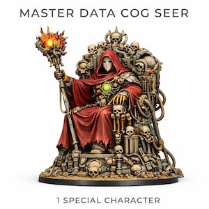 May include: A detailed miniature figure of a robed character seated on a throne adorned with skulls and mechanical elements. The figure wears a red robe and a white mask, holding a staff with a fiery orb. The text "MASTER DATA COG SEER" and "1 SPECIAL CHARACTER" are visible.