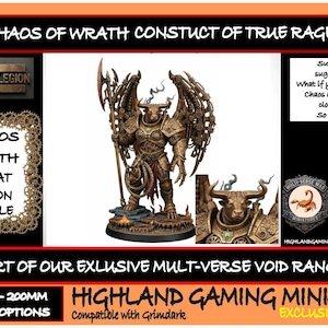 May include: A bronze-colored miniature figure of a bull-headed warrior with large wings, holding a staff. The figure is part of the "Chaos of Wrath" series. Text includes "Chaos Wrath Great Demon Single" and "Highland Gaming Minis Exclusive."