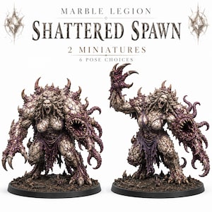 May include: Two miniature figures of a monstrous creature with a cracked, textured appearance. The figures have a light beige base colour with purple and dark brown accents. The text "MARBLE LEGION SHATTERED SPAWN" is at the top.