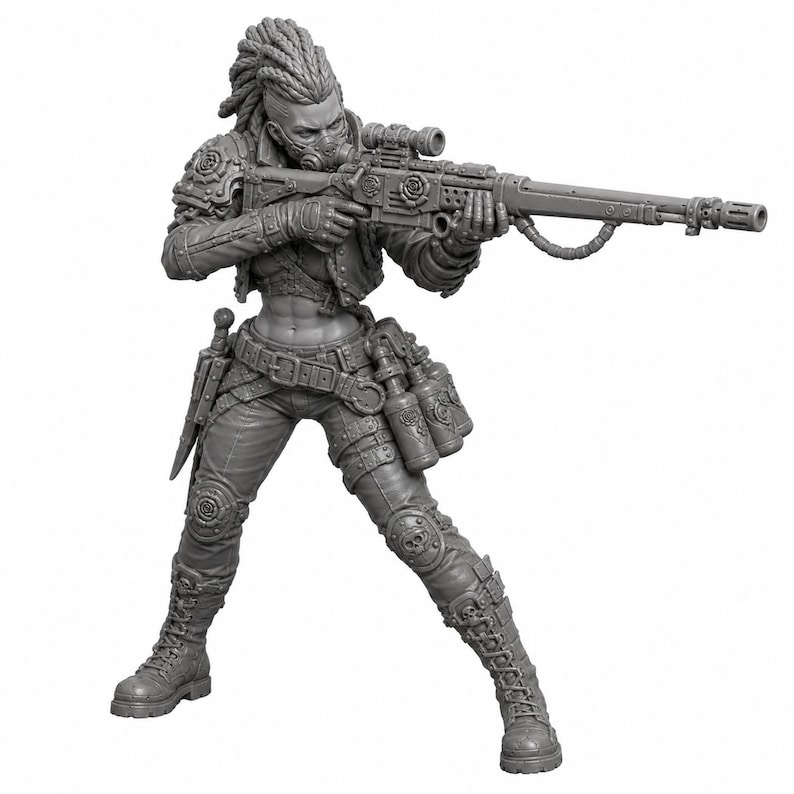May include: A grey miniature figurine of a warrior with braided hair, wearing a gas mask, tactical jacket, and pants with knee pads. The figure holds a long rifle with a scope and has a belt equipped with pouches, bottles, and a sheathed knife.