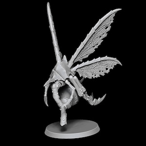 May include: A gray, insect-like figurine with detailed wings and a long, segmented tail. The figurine is posed on a circular base, with intricate textures and a mechanical aesthetic. The wings have a delicate, perforated design.