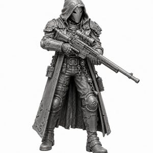 May include: A grey monochromatic miniature figurine of a hooded soldier wearing armored plating, a long coat, and a mask. The figure holds a long-barreled rifle with a scope and features intricate details including chains, skull motifs, and utility pouches.