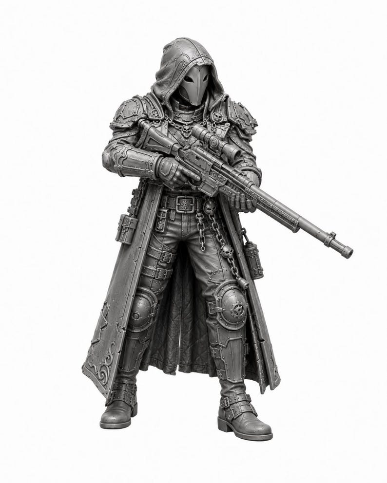 May include: A grey monochromatic miniature figurine of a hooded soldier wearing armored plating, a long coat, and a mask. The figure holds a long-barreled rifle with a scope and features intricate details including chains, skull motifs, and utility pouches.