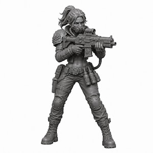 May include: A gray monochromatic miniature figurine of a soldier in tactical gear, wearing a gas mask, shoulder armor, and combat boots. The figure holds a rifle with a scope, has a belt with pouches and canisters, and wears pants with knee pads.