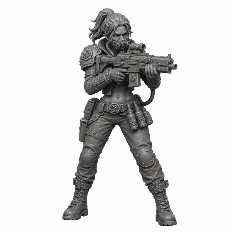 May include: A gray monochromatic miniature figurine of a soldier in tactical gear, wearing a gas mask, shoulder armor, and combat boots. The figure holds a rifle with a scope, has a belt with pouches and canisters, and wears pants with knee pads.
