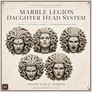 以下が含まれることがあります： HGM Conversion SystemsのMarble Legion Daughter Head System。カールした髪の5つのグレーのレジン製ヘッド、ユニバーサルソケット、3つの交換可能なペグサイズが含まれています。テキストには、Marble Legion Daughter Head System、5 Heads、Universal Socket、3 Interchangeable Peg Sizes、Painted Display Examples、Supplied unpainted in grey resinと記載されています。