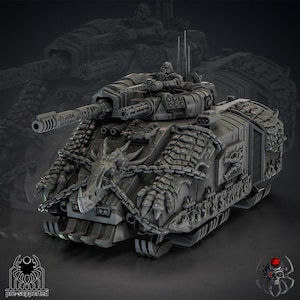 Può includere: Un modello grigio dettagliato di un carro armato futuristico, con un cannone di grandi dimensioni, mitragliatrici multiple e un'intricata armatura a tema drago. Il carro armato ha una figura di conducente ed è adornato con catene ed elementi decorativi. L'immagine include il testo "pre-supported".