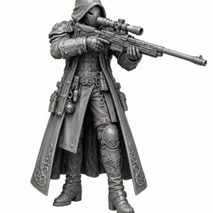 May include: A gray miniature figurine of a hooded sniper wearing a long coat with ornate scrollwork, tactical gear, and a skull charm. The figure holds a long-barreled rifle with a scope, wearing armored boots and leg guards with buckle details.