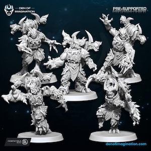 Puede incluir: Colección de cinco figuras en miniatura detalladas y pre-soportadas. Las figuras representan criaturas monstruosas con armaduras, cuernos y garras afiladas, sobre bases redondas. Ideales para juegos de mesa. El texto "DEN OF IMAGINATION" es visible.