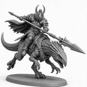 May include: A gray unpainted miniature figurine of a warrior in ornate plate armor with a crescent-shaped helmet crest, riding a scaled reptilian creature. The warrior holds a long spear, and the creature has a long tail and sharp claws.