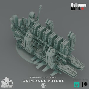 May include: A light grey miniature model of a futuristic vehicle with intricate details. The model features a seated figure holding a staff, and the text "COMPATIBLE WITH GRIMDARK FUTURE" is visible. The model is designed for tabletop gaming.