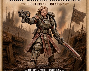 Iron Veil Castellan – Female Sci-Fi Trench Commander Miniature | 32mm Scale Resin Character | Mud-Crown Regiments HGM Exclusive