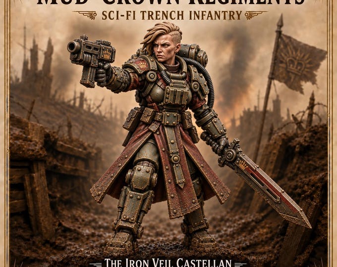 Iron Veil Castellan – Female Sci-Fi Trench Commander Miniature | 32mm Scale Resin Character | Mud-Crown Regiments HGM Exclusive