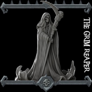 May include: A grey Grim Reaper figurine with a skeletal face and hooded robe, holding a scythe. The figure stands on a decorative base with a skull emblem. The text "THE GRIM REAPER" is on the right side of the image.