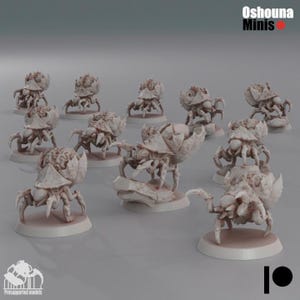 May include: A collection of miniature insect-like figurines, each with a detailed exoskeleton and multiple legs. The figurines are light beige in color and are mounted on circular bases. The image includes the text "Oshouna Minis" and "Presupported models".