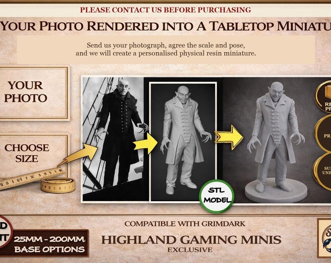 Personalised Tabletop Miniatures from a 2D Photo to a 3D Miniature  - Exclusive Highland Gaming Minis - Tabletop Wargaming for Grimdark