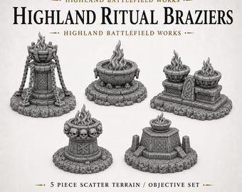 Highland Ritual Braziers - Highland Battlefield Works - 5 Piece Scatter Terrain Objective Marker Set 40mm 60mm 100mm Wargaming RPG Scenery