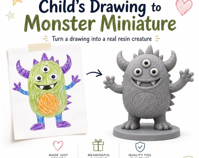Child's Drawing to Monster Miniature | Custom 3D Printed Resin Creature Gift | Personalised Kids Drawing Keepsake