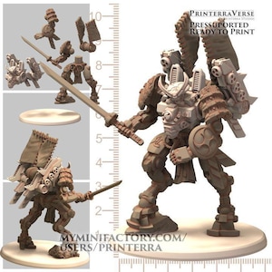 May include: A detailed 3D-printed model of a samurai-style robot, holding a katana. The model is light brown and white, with intricate armor and mechanical details. The image includes the text "PRINTERRAVERSE PRESSUPORTED READY TO PRINT".