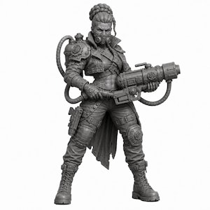 May include: A gray unpainted miniature figure of a warrior wearing a cropped jacket, tactical pants, and combat boots. The figure features a gas mask, a braided hairstyle, and a large mechanical weapon connected to a backpack tank by a hose.