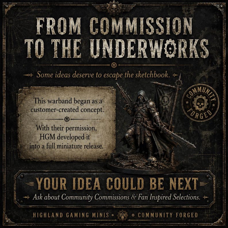 May include: A dark promotional graphic featuring the text FROM COMMISSION TO THE UNDERWORKS and YOUR IDEA COULD BE NEXT. It displays a hooded miniature warrior holding a rifle and sword, standing on a base with a skull, alongside a text box.