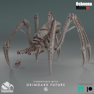 May include: A detailed, off-white miniature of a large, insect-like creature with multiple legs and a complex exoskeleton. The model is labeled "Oshouna Minis" and is compatible with "Grimdark Future."