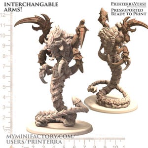 May include: A 3D printed miniature of a creature with a segmented body, multiple arms, and a sharp, pointed head. The creature is posed in a standing position with its arms raised. The miniature is printed in a light brown colour and is ready to be painted.