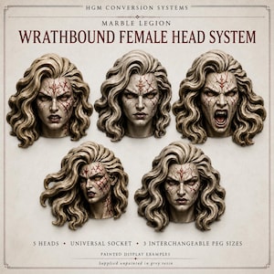 May include: Five miniature sculpted heads with wavy hair and red facial crack patterns. Text reads: HGM CONVERSION SYSTEMS, MARBLE LEGION, WRATHBOUND FEMALE HEAD SYSTEM, 5 HEADS, UNIVERSAL SOCKET, 3 INTERCHANGEABLE PEG SIZES, PAINTED DISPLAY EXAMPLES.