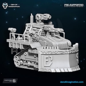 May include: A detailed, gray model of a futuristic tank with multiple mounted weapons, a bulldozer blade, and a ladder. The model is labeled "PRE-SUPPORTED" and "DEN OF IMAGINATION". The tank has a complex design with visible mechanical details and tracks.