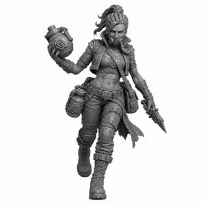 May include: A gray monochrome miniature figurine of a warrior in tactical gear, wearing a gas mask and cropped vest. The figure holds a rose-embossed grenade in one hand and a dagger in the other, featuring detailed straps, boots, and pouches.