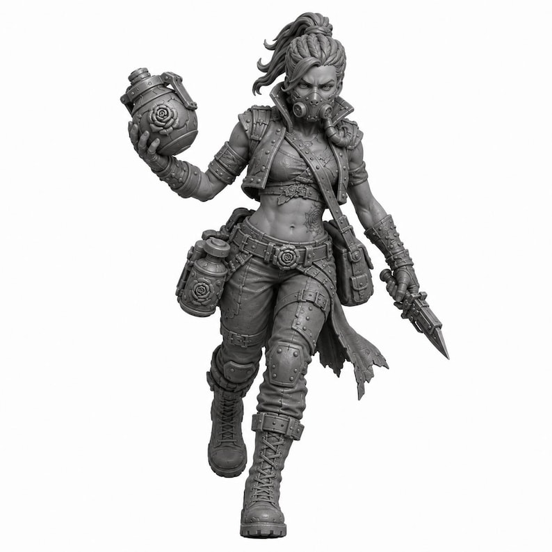 May include: A gray monochrome miniature figurine of a warrior in tactical gear, wearing a gas mask and cropped vest. The figure holds a rose-embossed grenade in one hand and a dagger in the other, featuring detailed straps, boots, and pouches.