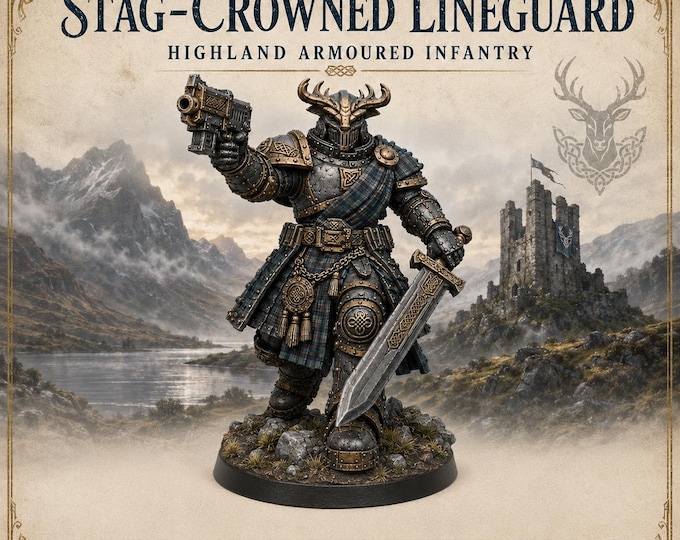 Stàilinn Legion Stag-Crowned Lineguard | 5/10/20 Highland Sci-Fi Infantry | Resin Miniatures | HGM Exclusive