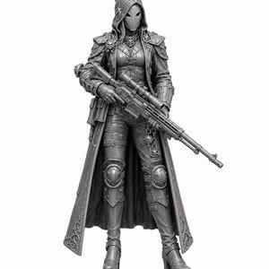 May include: A gray monochromatic figurine of a hooded character wearing a long coat, armored leg plates, and a smooth face mask. The character holds a long-barreled sniper rifle with a scope, featuring intricate skull-themed details on the shoulders.