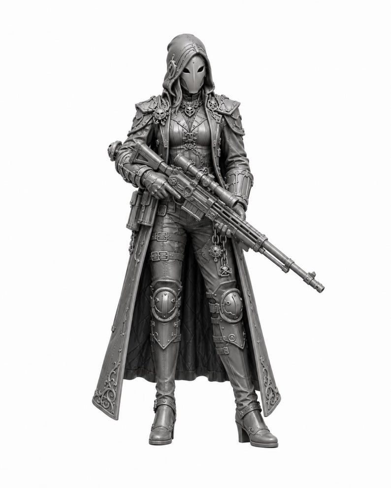 May include: A gray monochromatic figurine of a hooded character wearing a long coat, armored leg plates, and a smooth face mask. The character holds a long-barreled sniper rifle with a scope, featuring intricate skull-themed details on the shoulders.