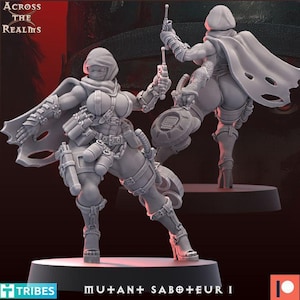 May include: A grey resin miniature of a female figure in a futuristic outfit, holding a pistol. The figure is wearing a hooded mask, cape, and high-heeled boots. The base reads "MUTANT SABOTEUR I". The logo "ACROSS THE REALMS" is visible.
