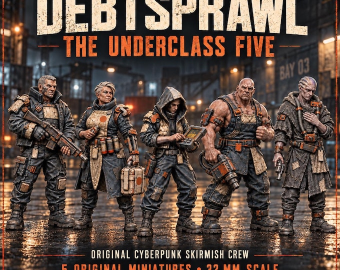 Debtsprawl Underclass Five | 5 Cyberpunk RPG & Skirmish Characters | 32mm Resin Miniatures | HGM Exclusive