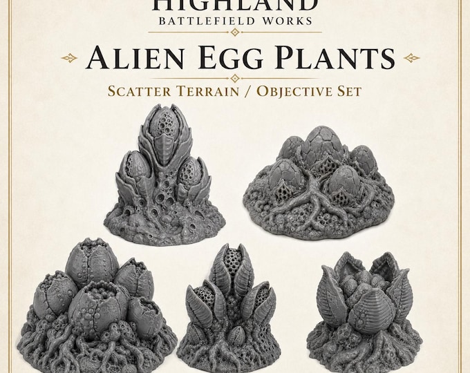 Alien Egg Plants - Highland Battlefield Works - 5 Piece Scatter Terrain Objective Marker Set 40mm 60mm 100mm Wargaming RPG Scenery