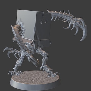 May include: A gray, 3D-printed monster figurine with a box-shaped head and sharp, clawed limbs. The creature stands on a circular base, showcasing intricate details and a menacing design. The overall aesthetic suggests a fantasy or sci-fi theme.