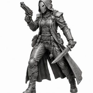 May include: A gray monochrome figurine of a hooded character wearing tactical armor, a long coat, and a mask. The character holds a pistol in the right hand and a dagger in the left hand, featuring intricate belt details, chains, and knee guards.